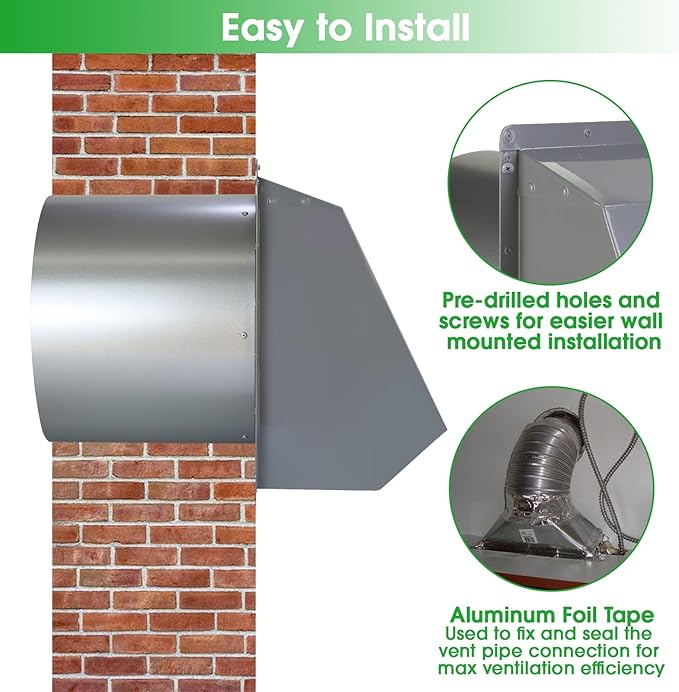 8 Inch Hooded Wall Vent with Screen and Damper, Wall Exhaust Vent Cover Cap for Exterior Ventilation and Outdoor Air Exhaust Kitchen Range Hood Dryer HVAC Duct, Galvanized Steel, Gray