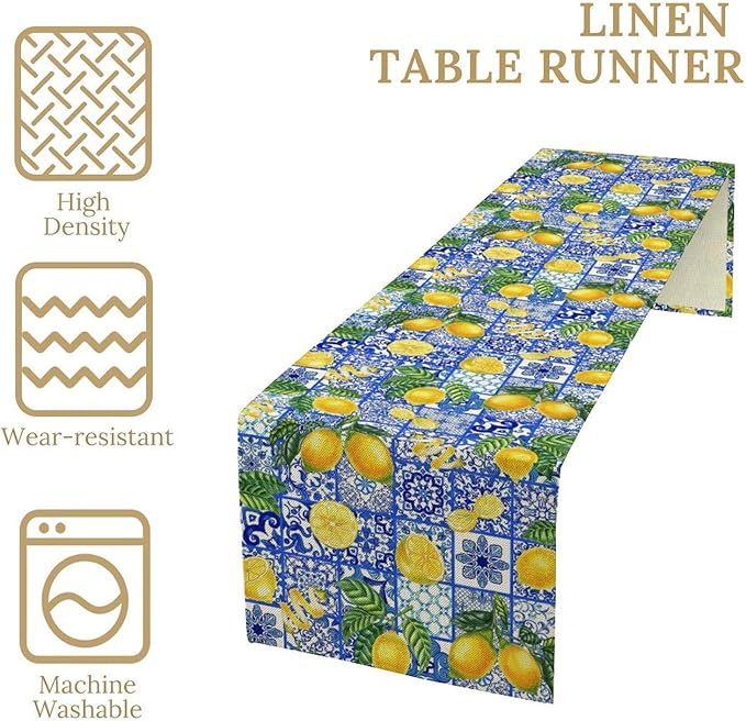 Tiles Lemon Table Runner Blue White Yellow Vintage Rustic Summer Fruit Chic Farmhouse Dining Table Decoration for Home Holiday Party Dresser Kitchen Cabin Restaurant Wedding Decor 13×90in