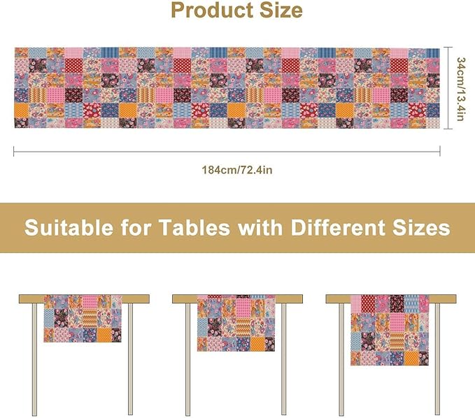 Patchwork Floral Table Runner, Patch Boho Flowers Country Wildflowers Rustic Splicing Design Pattern Table Runner for Farmhouse Kitchen Dining Home Party 13x108in
