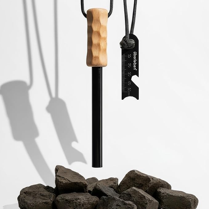 Überleben | Kräftig PRO Ferro Rod Fire Starter Survival Tool – Up to 20,000 Strikes, 1/2" Thick Fire Steel with Hardwood Handle, Multi-Tool Striker & Lanyard – Waterproof Camping Essentials