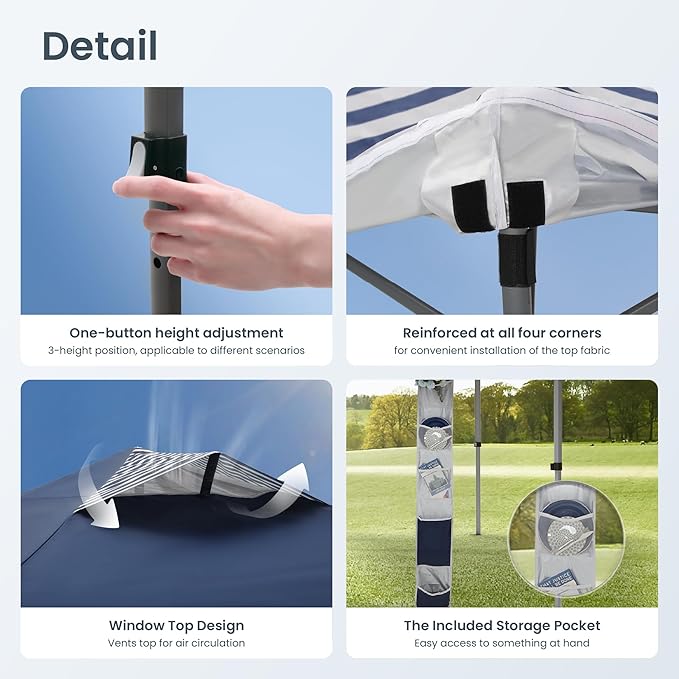 PHI VILLA 10x10 Pop Up Canopy Tent - One Push Setup, Instant Shade Tent with Vented Roof for Beach & Events - Includes Storage Bag, Sandbags, Stakes & Ropes (Navy Stripe)