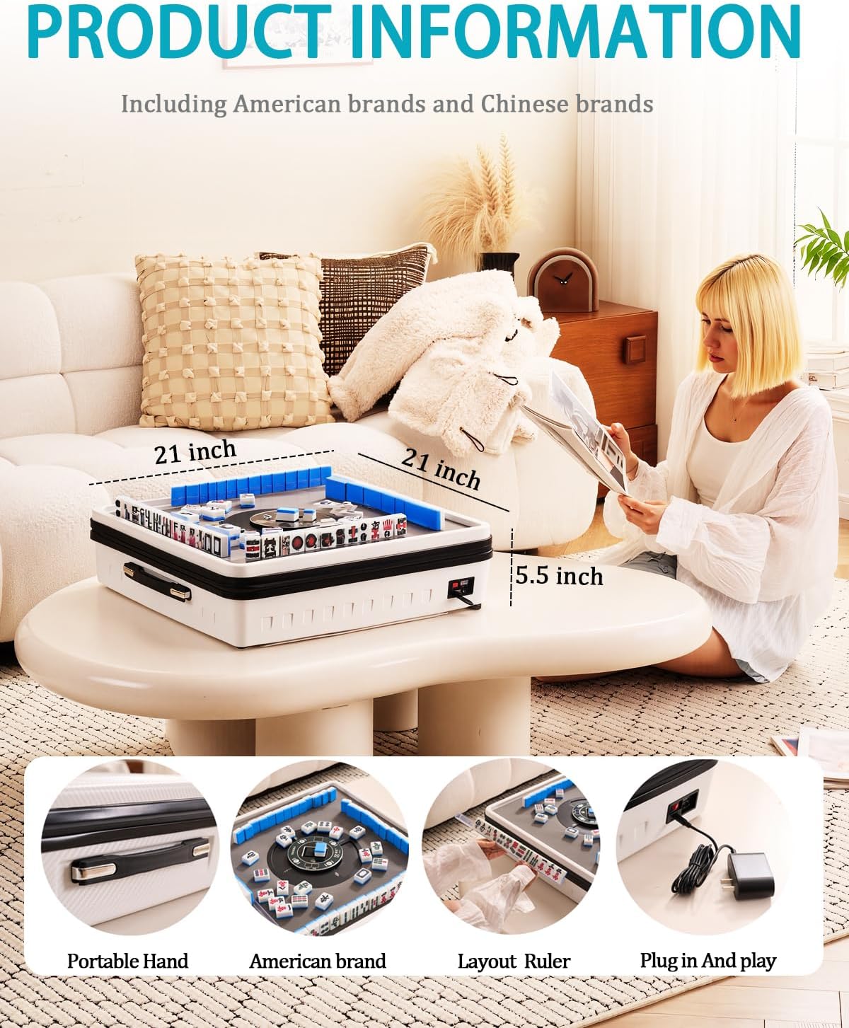 Portable Automatic Mahjong Table, Hand-held Mini-Mahjong, Automatic Mahjong, Foldable Mahjong Table w/American&Chinese -Style Magnetic Tiles, for Outdoor & Home Fun (White)