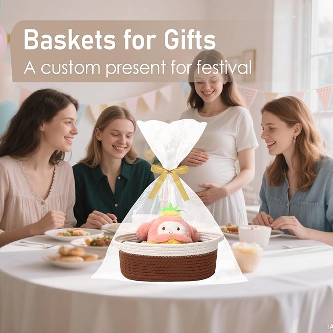 Woven Basket,Small Rope Storage Bin with Handles & Ribbon Bag, Organizer for Shelves Closets,Gift Basket Empty for Birthday,Books,Dog Toys, White&Brown/2 Pack