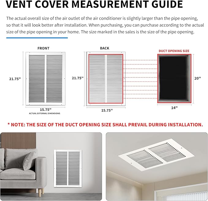 14x20 Return Air Grille(Duct Opening Size),Air Return Vent Cover,Flat Vent Cover,Rejillas De Aire Acondicionado para Casa,Return Air Grilles,Outer Dimensions:15.75"Wx21.75"H(14"Wx20"H, Duct Opening)