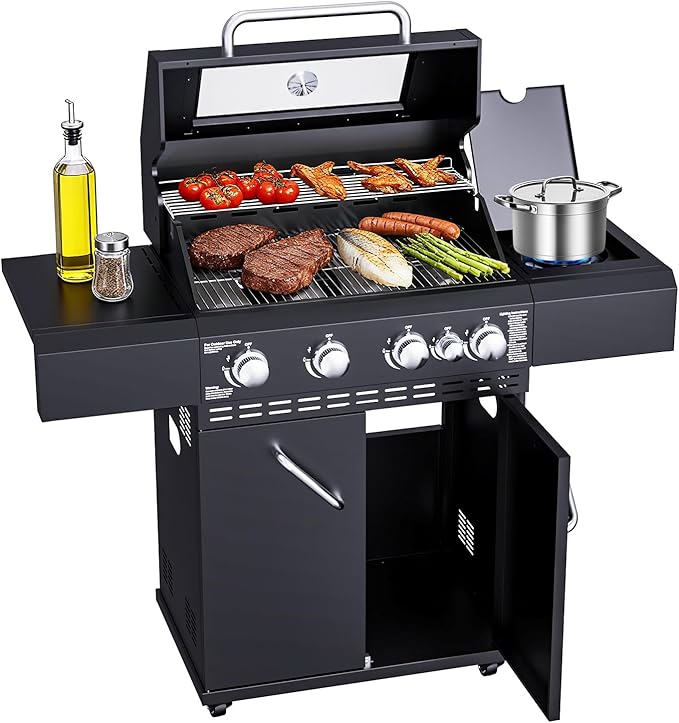 4 Burners Propane Gas Grill with Visual Glass, 50000 BTU Outdoor BBQ Propane Grill with Side Burner, Heighter, Double-Layer Lid, Stainless Steel Grids and Observing Changes in Food for Perfect BBQ