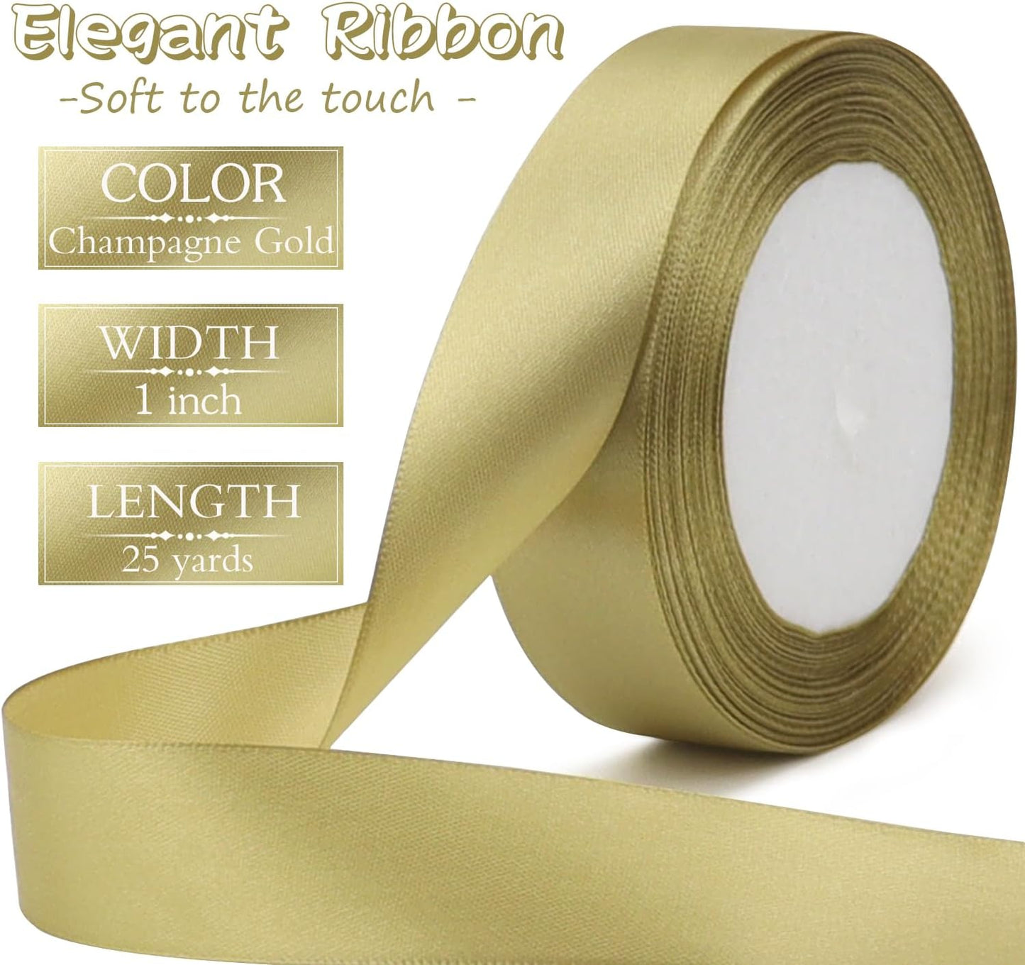 Champagne Gold Solid Satin Ribbon 1 Inch 25 Yards Solid Polyester Fabric Ribbon for Gift Wrapping Wedding Christmas Baby Shower Birthday Party Decoration Handmade Immortal Flower Craft