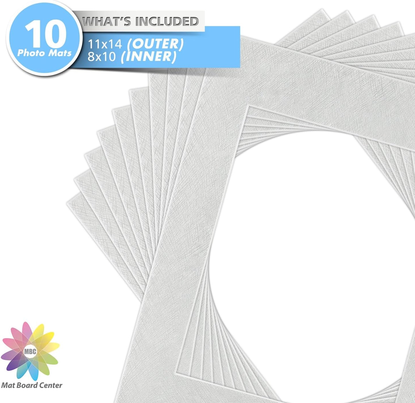 Mat Board Center, Pack of 10, 11x14 Silver Color Mats for 8x10 Pictures, Photos- Bevel Cut, Acid Free, 4-ply Thickness, White Core