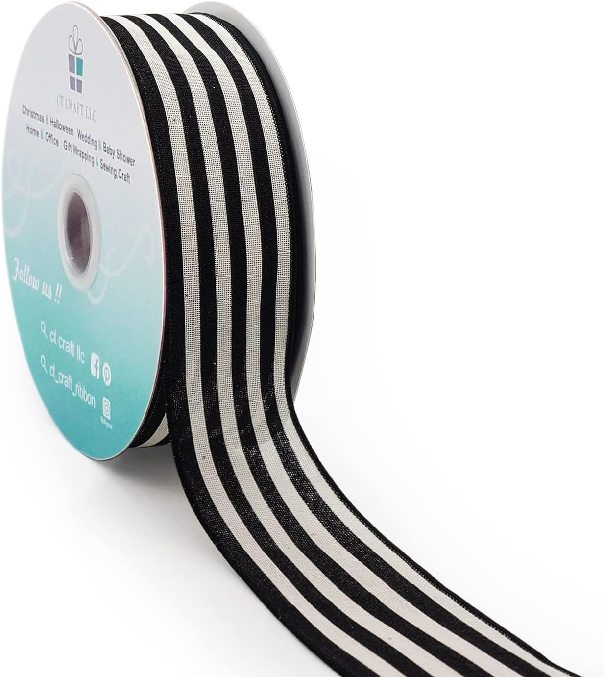 CT CRAFT LLC Striped Canvas Cotton Ribbon 2.5" x 50 Yards Ivory/Black Stripes for Thanksgiving Christmas Home Décor Gift Wrapping Outdoor Tree Topper Bow Wreath