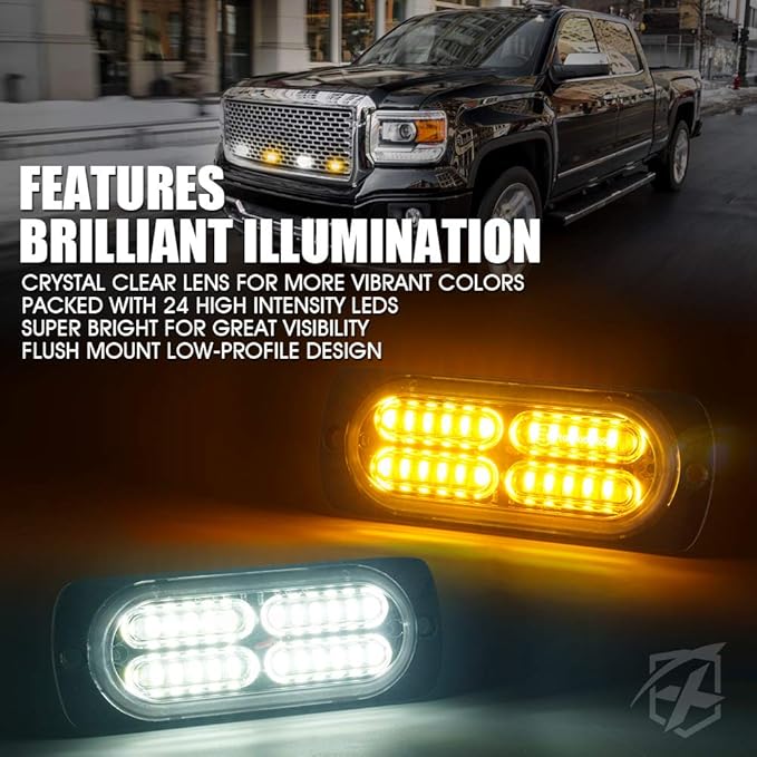 Xprite 24 LED Surface Mount Strobe Lights Kit with Control Panel, Grill Grille Side Marker Flashing Emergency Warning Light Assemblies for Trucks Vehicles ATV RV Cars Van Amber/White, 4PCS