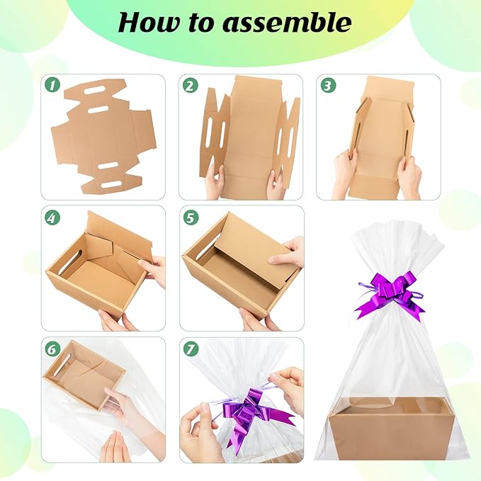 Fainne 74 Pcs Baskets for Gifts Empty Bulk DIY Empty Gift Basket Include 20 Kraft Cardboard Tray with Handles 30 Bags 24 Bows for Christmas Thanksgiving Birthdays Snacks Party, 8" x 6" x 3"(Brown)
