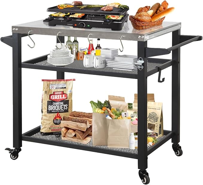 Domi 3-Tier Outdoor BBQ Grill Cart with Lockable Wheels | Portable Pizza Oven Stand & Food Prep Station | with Stainless Steel Tabletop & Propane Tanks | All-Weather Patio Cooking Center