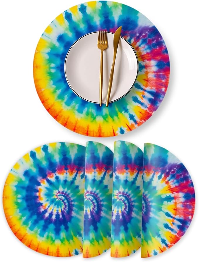 Faux Leather Placemats Set of 4,Colorful Spiral Tie-Dye Ding Table Round Placemat Soft and Easy Storage Heat-Resistant Waterproof Non-Slip Place Mats for Bedroom Decoration,13inch