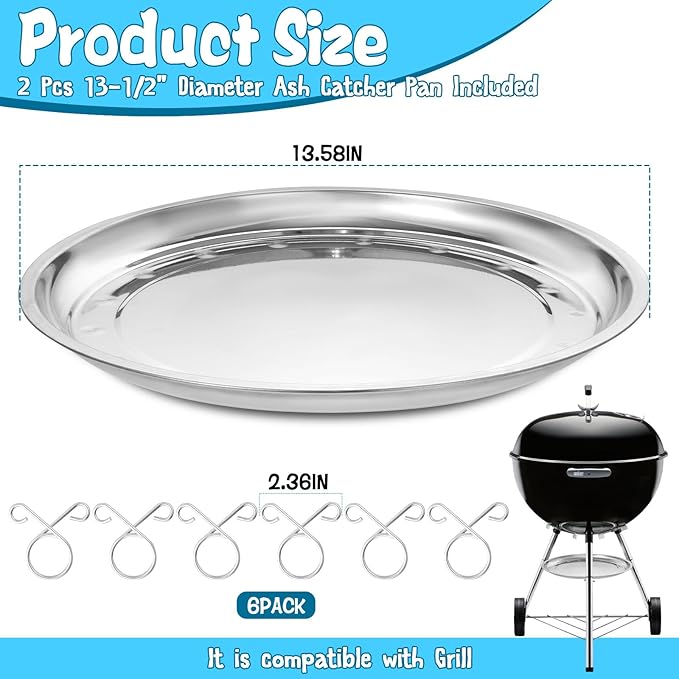 2 Pcs 13-1/2" Diameter Charcoal Grill Ash Catcher Pan Compatible with Weber 22" Kettle Grill, Ash Pan for Grill Replacement Parts