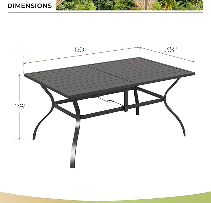 Outdoor Patio Dining Table for 6, 60" x 37" Rectangular Metal Patio Dining Table with Umbrella Hole for Garden, All Weather Wrought Iron Black Outdoor Table Backyard and Porch, Black