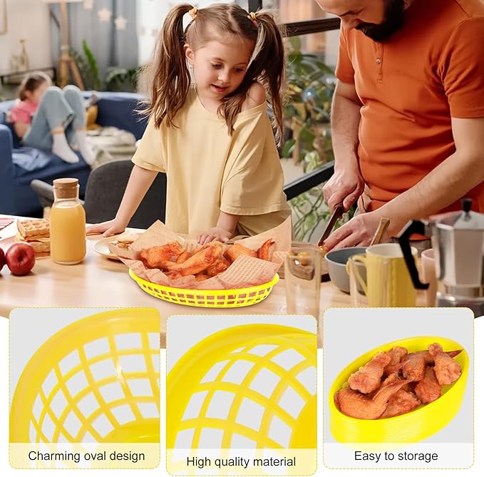 20 Pack Plastic Fast Food Baskets, 8.8" × 5.5" Small Oval Restaurant Serving Baskets Tray for Burgers, Sandwiches, Hot Dogs, Parties, Food Trucks, Reusable or Disposable, Stackable(Yellow)