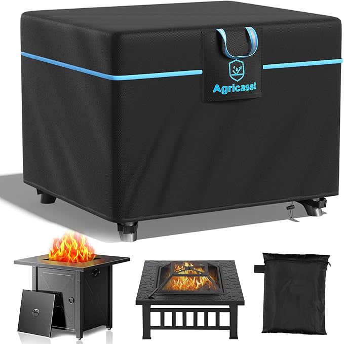 Square Fire Pit Cover for 28-30 Inch Fire Pit, 600D Heavy Duty Fire Table Cover Waterproof Patio Firepit Cover with Air Vent, Handle, 4 Windproof Buckles, Drawstring - 30''L x 30''W x 25''H