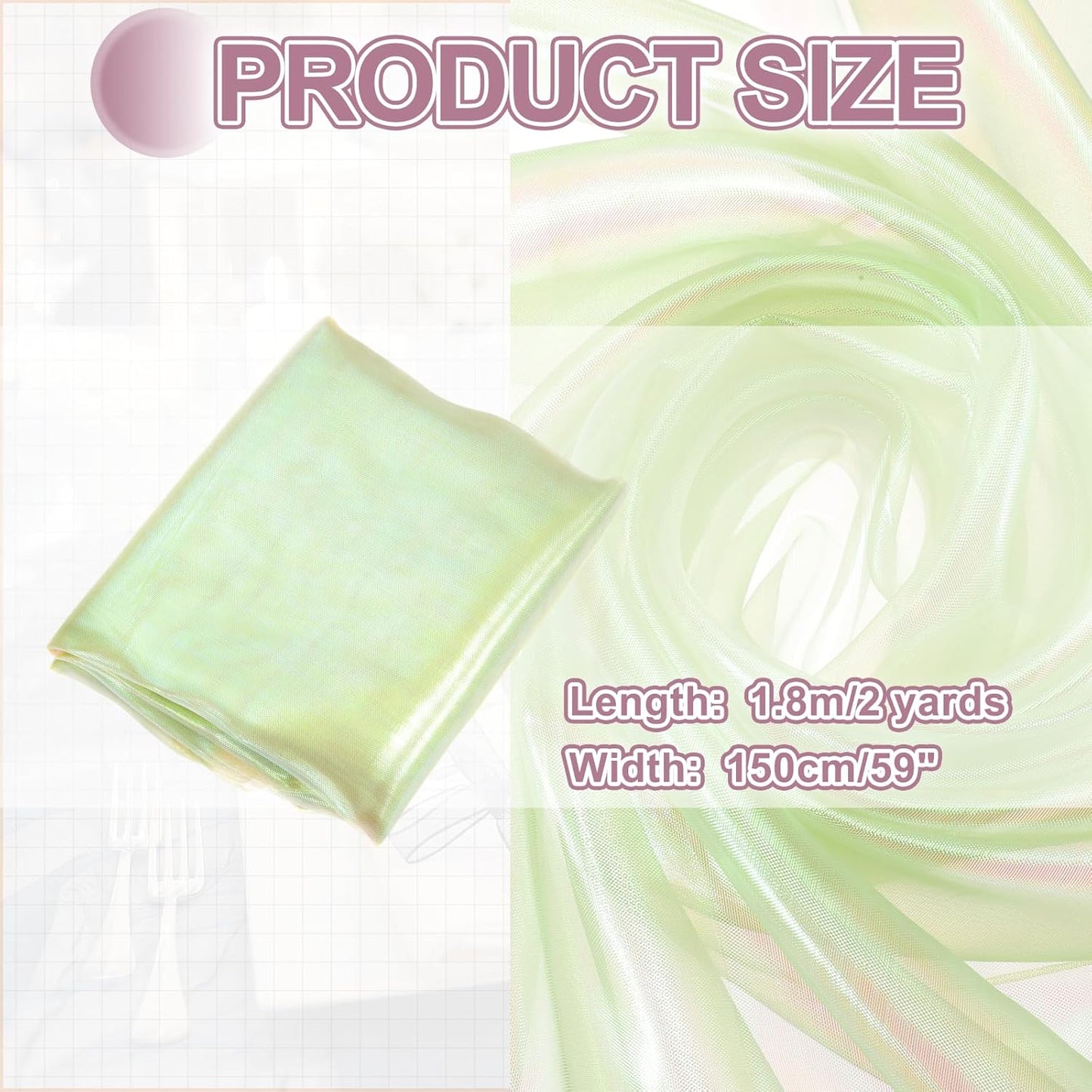 MECCANIXITY Iridescent Sheer Organza Fabric, 2 Yards x 59 Inches Solid Laser Holographic Shiny Fabric Organza Cloth for Wedding, Curtains, Costume, Photo Background, Light Green
