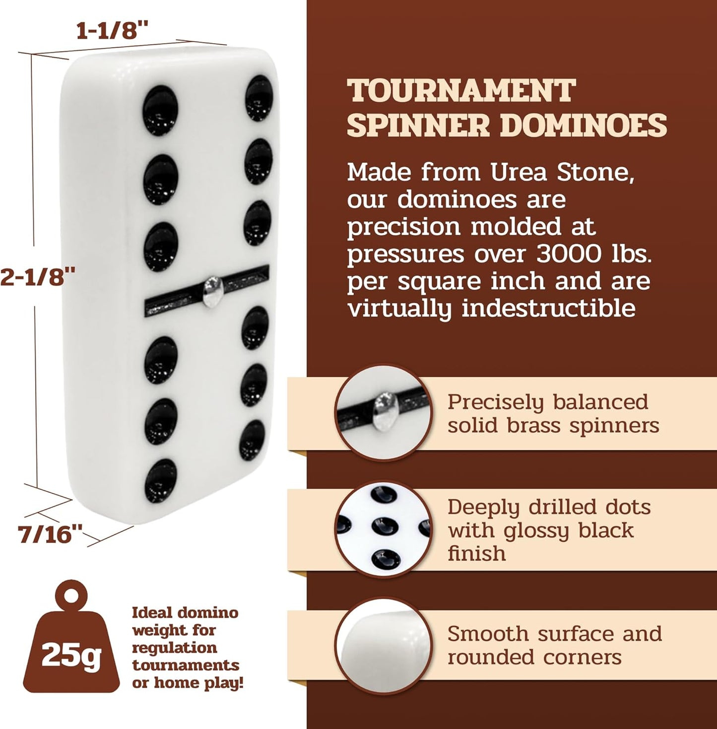 Alex Cramer Le Club Luxury Domino Set with Handcrafted Walnut Case and Cribbage/Counter Top - Tournament Quality 28 Indestructible (Domino Spinner Set with Brass Plate)