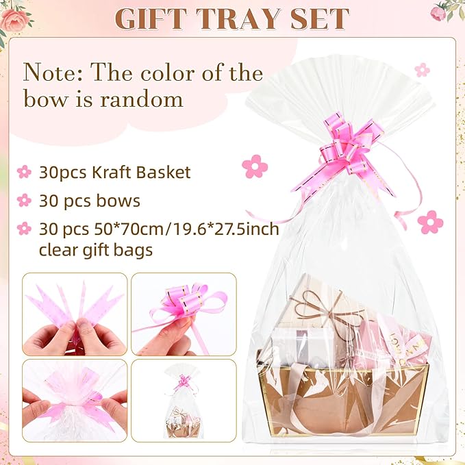 Tuanse 30 Pcs Basket for Gift Empty DIY Bulk Gift Basket Kit with Handle Kraft Cardboard Tray with 30 Bag 30 Bow Market Tray for Wedding Party(Brown Gold,9.8 x 6.7 x 4.3 in)