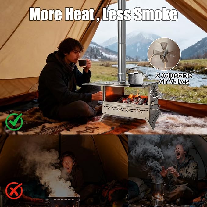 Hot Tent Stove, One-piece Molded Wood Burning Stove with Extra Baking Tray, Outdoor Stainless Steel Stove with 6 Chimney Pipes for Outdoor Heating, Cooking, Fishing(Non-Foldable, More Stable)