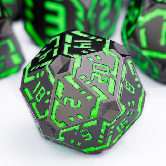 Metal DND Sci-fi Dice Set 7PCS Luminous Green Stripe Polyhedral Dice for Dungeons Dragons RPG Role Playing Game, Glitter D and D Dice with Gift Box D6 D8 D10 D12 D20