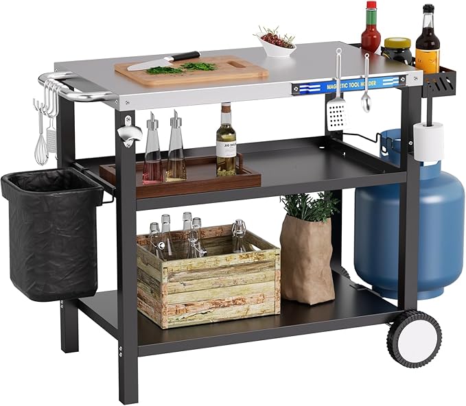 34" L x 20" W Stainless Steel Outdoor Grill Table, Grill Cart for Outside, Pizza Oven Table Stand with Magnetic Tool Holder, Wheels,Hooks, Side Tray &Handle