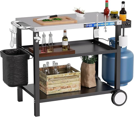34" L x 20" W Stainless Steel Outdoor Grill Table, Grill Cart for Outside, Pizza Oven Table Stand with Magnetic Tool Holder, Wheels,Hooks, Side Tray &Handle