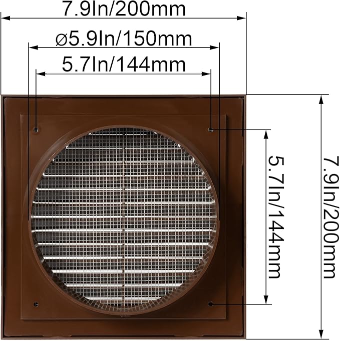 Brown 6" Inch Ventilation Grille - Inside/Outside use - (Flange 5.9"Ø/Cover 8"x8") - Air Vent Louver - Exhaust Hood - Available 3 Sizes / 4 Colors.