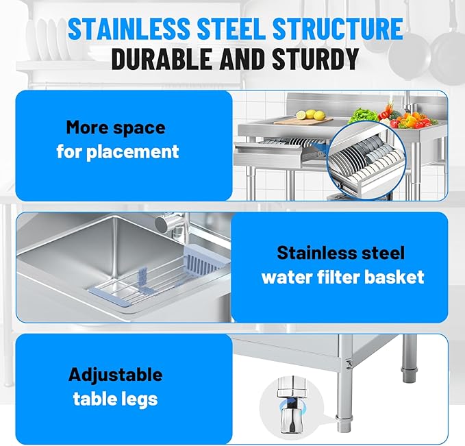 Stainless Steel Utility Sink, 39.5" × 23.6" × 31.5"Freestanding Sink with Retractable Cold and Hot Water Faucet,Hoses and Drain Kit for Kitchens, Bathrooms, Garage, Laundry Room
