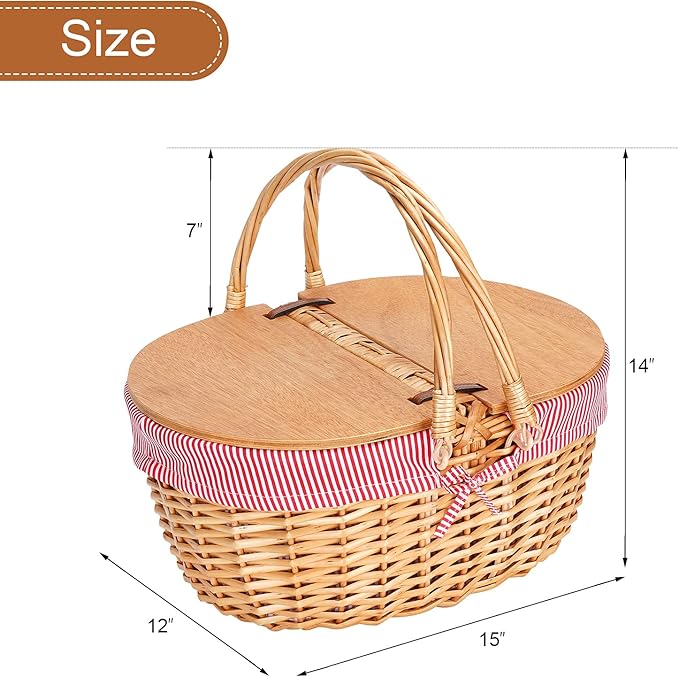 Wicker Picnic Basket with Liner, Wooden Split Lid Picnic Basket, Vintage-Style Wicker Picnic Hamper with Folding Woven Handle for Picnic, Camping, Outdoor, Valentine Day, Thanks Giving, Birthday (Red)