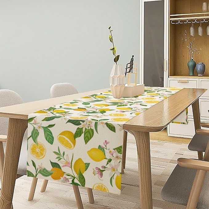 Yellow Lemon Table Runner,Spring Floral Summer Fruits Print Table Decoration for Farmhouse Kitchen Dinner Dining Table Holiday Party Home Decor 13x108in