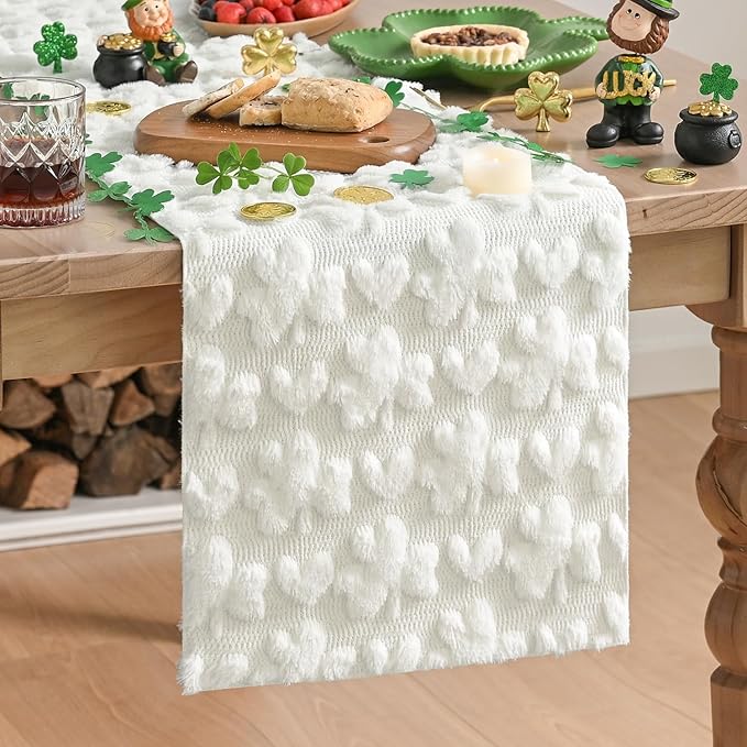 Artoid Mode White Soft Plush Faux Fur Jacquard Heart Clover St. Patrick's Day Table Runner, Seasonal Kitchen Dining Table Decoration for Home Party Decor 13x48 Inch