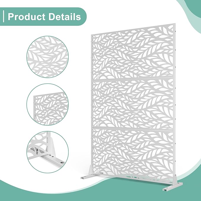 Metal Privacy Screen for Outdoor & Indoor Use, Free Standing Privacy Screen for Patio Garden Pool, 72" H x 47" W Decoative Privacy Panels, Weather Resistant, Easy Assembly (White Spring)