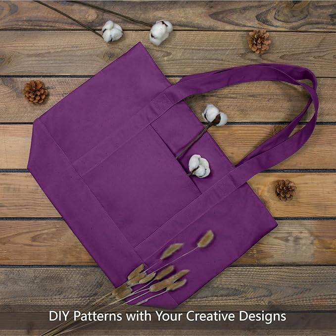 TOPDesign 1-Pack Canvas Tote Bags with an External Pocket, Reusable Grocery Shopping Bags, Top Zipper Closure, Daily Essentials (Purple)