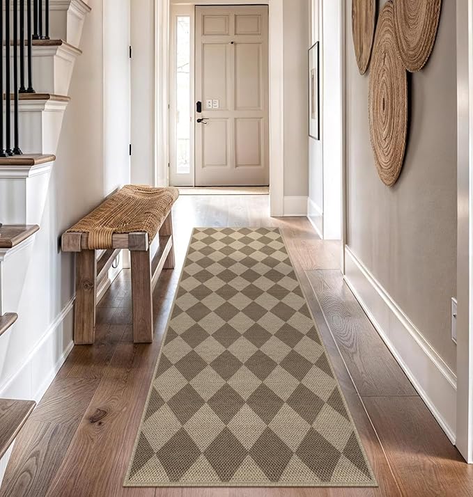 Easy Jute Checkered Runner Rug, 2.6x8 Brown Modern Washable Rugs Runner for Hallway Non-Slip Kitchen Runner Rug, Geometric Diamond Indoor Outdoor Carpet for Porch Laundry Entryway