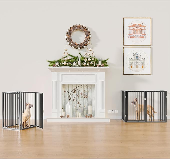 Vantas Folding No-Assembly Metal Pet Gate 80" Wide, 32" Extra Tall Dog Gate with Door Walk Through, Freestanding Accordion Puppy Gate Dog Door for Indoor & Outdoor, with 2PCS Support - Black