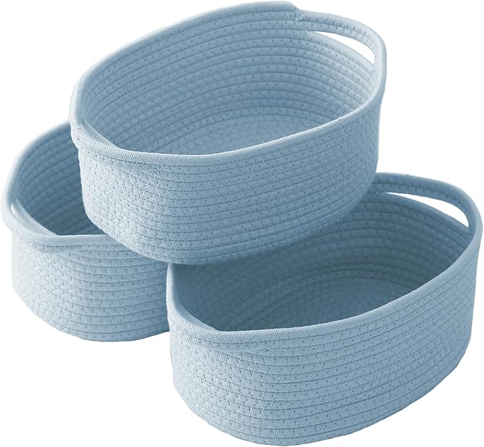 Woven Basket,Small Rope Storage Bin with Handles & Ribbon Bag, Organizer for Shelves Closets,Gift Basket Empty for Birthday,Books,Dog Toys, Blue/3 Pack