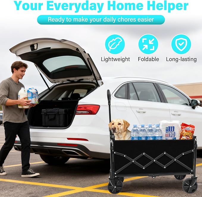 Wagons Carts Foldable, Collapsible Wagon with Wheels — Durable Foldable Wagon for Groceries,Picnic & Pets, Small Hauls, Apartment Moving & Storage, Portable Utility Pull Wagon Cart, 360lbs, Jet Black