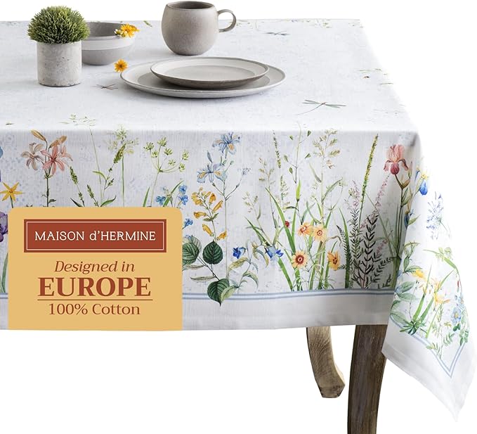 Maison d' Hermine Table Cloth Rectangle Table 100% Cotton 54 x 72 Inches Tablecloth Reusable Decorative for Dining Room, Farmhouse, Home, Party, Festive & Wedding Spring Summer - Fleurs De Mai