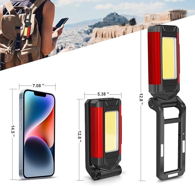 YiaMia Rechargeable LED Magnetic Work Light 2 Pack, Portable Tool Gifts for Men, 7 Flashlight Modes with Kickstand and Carabiner, USB Charging for Camping, Hunting, and Car Repairs (2, Red)