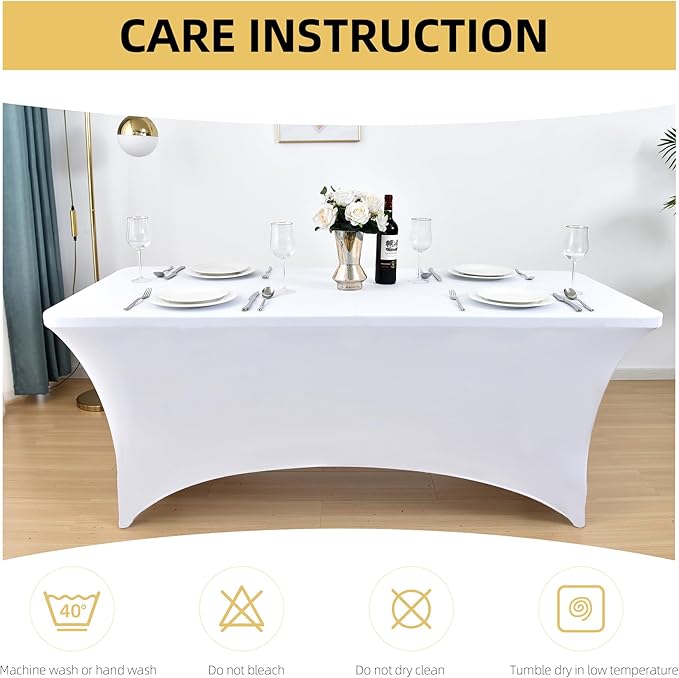 6-Pack 8ft White Spandex Table Covers for Rectangle Folding Tables - Washable Elastic Tablecloth - Ultimate Fitted Table Protector for Birthday Parties, Trade Shows, Banquet