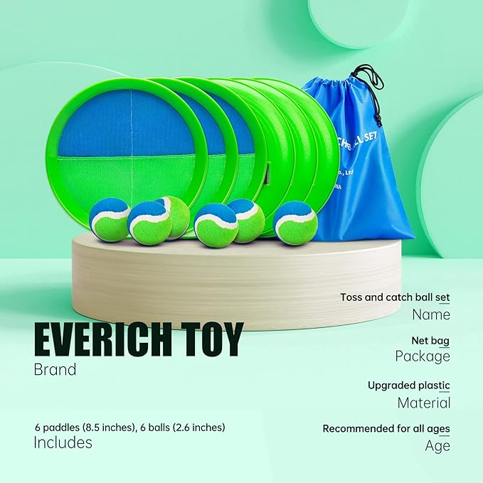 EVERICH TOY Upgraded Toss and Catch Ball Game Set, Kids Toy Stocking Stuffers for Boys Girls Ages 3-12, Includes 6 Paddles 6 Sticky Balls, Water-Resistant Indoor Outdoor Toy for Beach Pool Yard