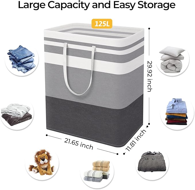 HomeHacks 2 Pack Large Laundry Baskets, Waterproof, Freestanding Laundry Hampers, Collapsible Clothes Hamper with Reinforced Handles in Laundry, College Dorm, Bathroom, Bedroom (Grey+Blue, 125Lx2)