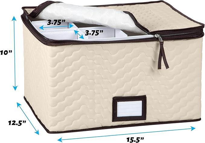 Wine Glass Storage Box with Dividers - Holds 12 Glasses up to 3.75" Wide - Stemware Storage Case - Protects Fine China - Durable Quilted Microfiber Bin with Carry Handles - Ideal for White Wine