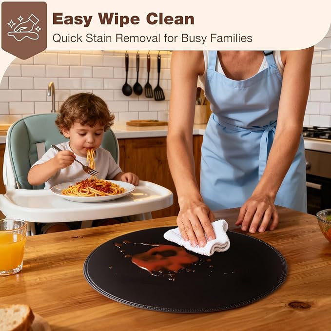 Round Vinyl Black Placemats Set of 6, Faux Leather Waterproof Wipeable Heat Resistant Place Mats, Washable Table Mats for Halloween, Thanksgiving & Christmas Dinner(Black)