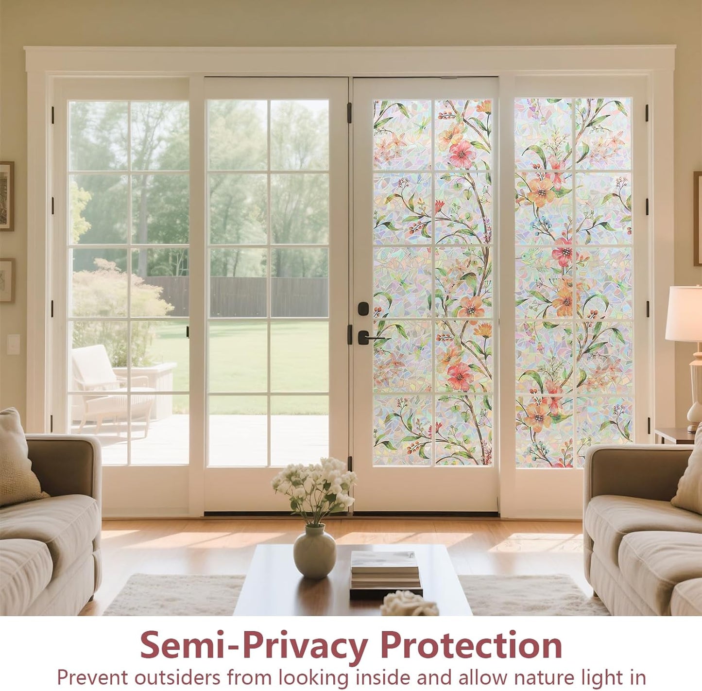 NINETREX Window Privacy Film,Stained Glass Window Film,Rainbow Decorative Stickers Static Cling Anti UV Heat Control for Home Decor (Galsang Flower,35.4 x 78.7inch)