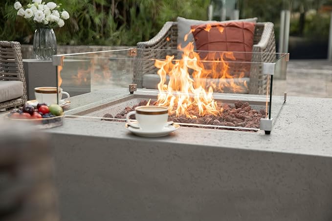 AMS Fireplace | Rectangular Fire Pit Glass Wind Guard for Brooklyn Fire Pit (Light Gray) | Shielded from Patio Heater Flames | Tempered Glass with Polished Edges for Safety | Fire Table Glass Shield