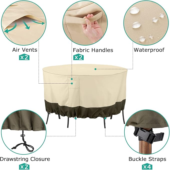 SunPatio Waterproof Outdoor Furniture Covers for Table Chairs Set, UV Resistant Anti-Fading Patio Table Cover, Beige and Olive, Round 72" Dia