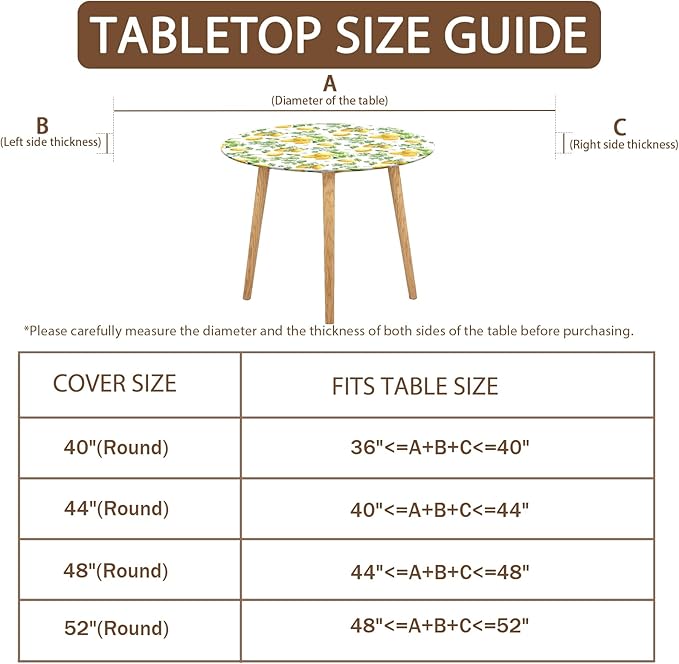 Lemon Round Fitted Tablecloth with Elastic Spring Summer Yellow Lemons Circle Table Cloth for 36-40" Round Tables Wipeable Waterproof Lemonade Party Farmhouse Table Cover for Picnic Dining Outdoor