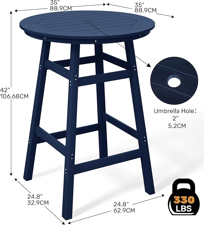 Costaelm Patio Bistro Table, 42" Counter Height Round Patio Cocktail Bar Table with Umbrella Hole, Outdoor Bistro Dining Pub Table for Front Porch Deck Backyard Garden, Navy Blue
